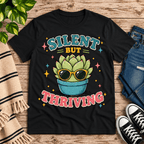 Silent But Thriving Premium T-Shirt in vintage black, flat lay