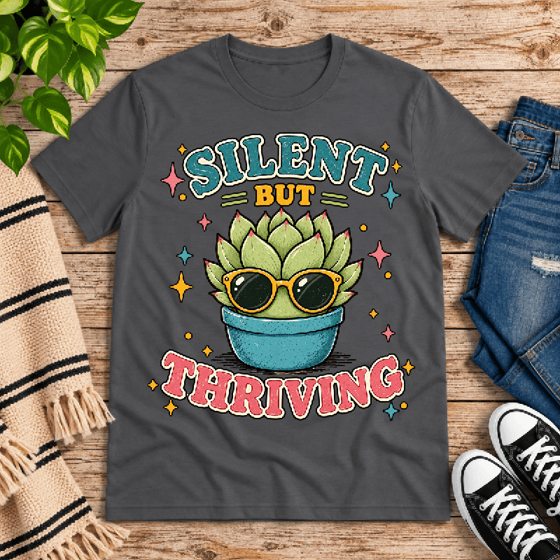 Silent But Thriving Premium T-Shirt in asphalt gray, flat lay with succulent wearing sunglasses graphic