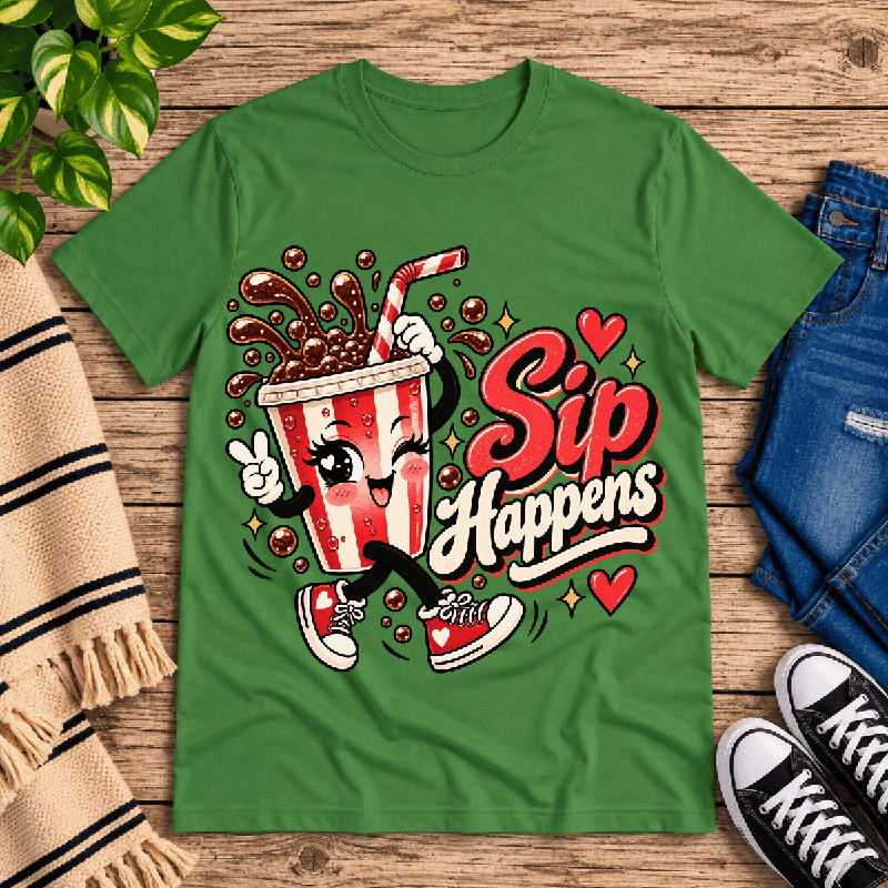 Sip Happens Premium T-Shirt in leaf green, flat lay with waving cartoon soda cup character graphic