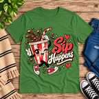 Sip Happens Premium T-Shirt in leaf green, flat lay with waving cartoon soda cup character graphic