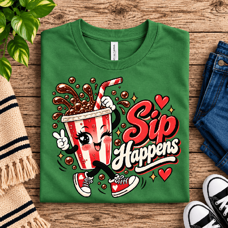 Sip Happens Premium T-Shirt in leaf green, folded close-up with neck tag showing