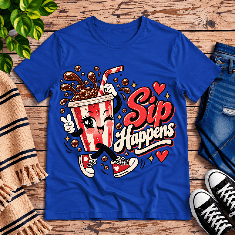 Sip Happens Premium T-Shirt in true royal blue, flat lay