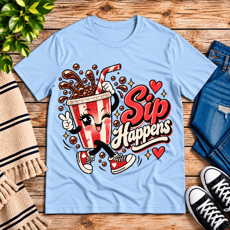 Sip Happens Premium T-Shirt in baby blue, flat lay