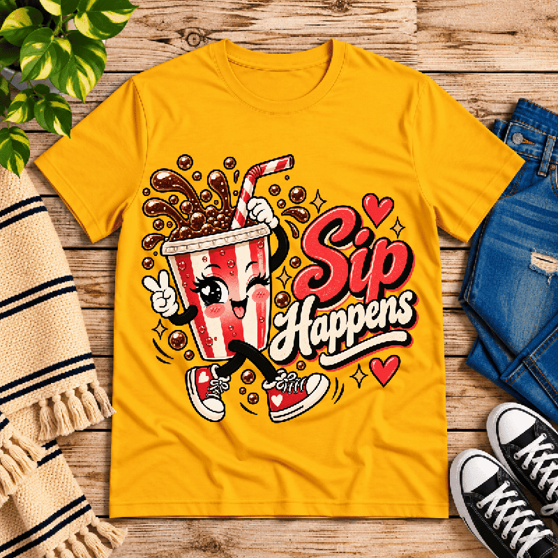 Sip Happens Premium T-Shirt in gold, flat lay