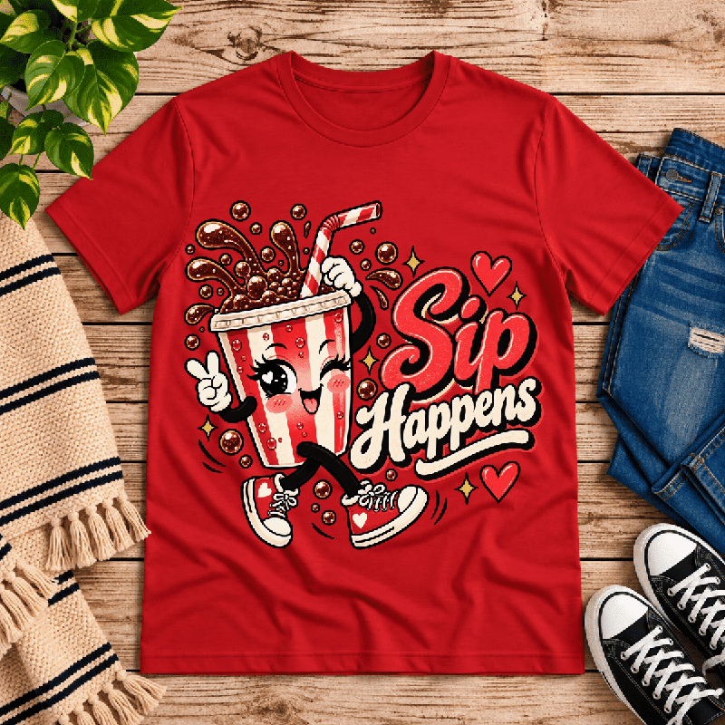 Sip Happens Premium T-Shirt in red, flat lay
