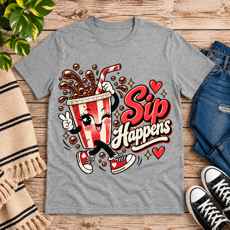 Sip Happens Premium T-Shirt in athletic heather gray, flat lay