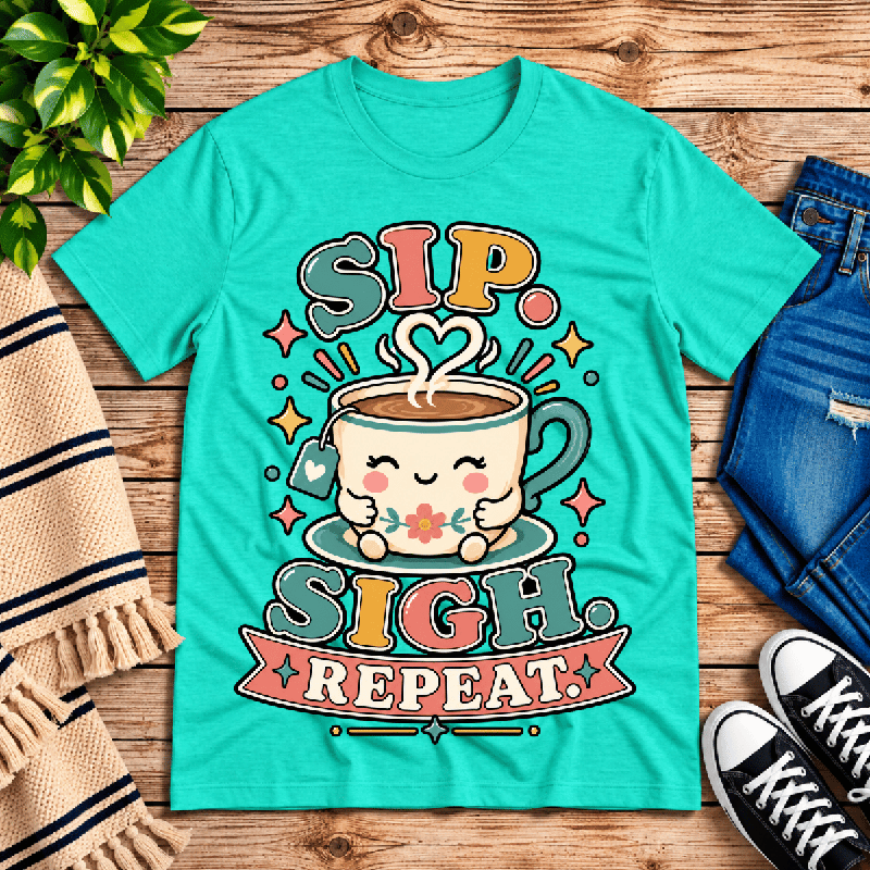Sip. Sigh. Repeat. Premium T-Shirt in heather sea green, flat lay