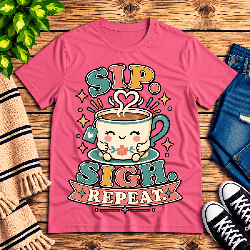 Sip. Sigh. Repeat. Premium T-Shirt in charity pink, flat lay