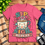 Sip. Sigh. Repeat. Premium T-Shirt in charity pink, flat lay