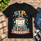 Sip. Sigh. Repeat. Premium T-Shirt in vintage black, flat lay