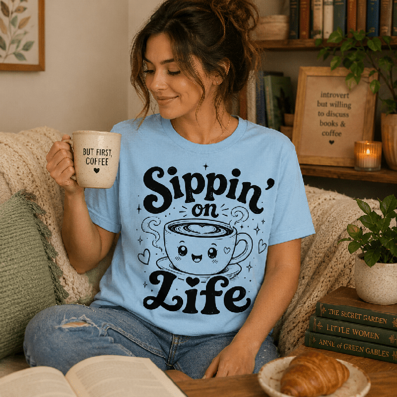 Woman holding a "But First, Coffee" mug on a couch, wearing the Sippin' on Life Premium T-Shirt in baby blue