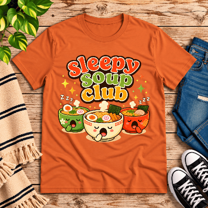 Sleepy Soup Club Premium T-Shirt in burnt orange, flat lay