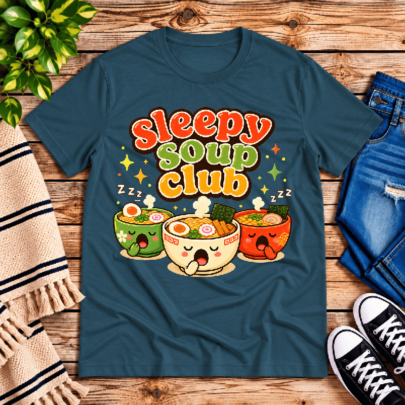 Sleepy Soup Club Premium T-Shirt in deep teal, flat lay