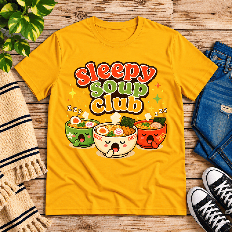 Sleepy Soup Club Premium T-Shirt in gold, flat lay