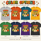 Sleepy Soup Club Premium T-Shirt color chart: Athletic Heather, Burnt Orange, Deep Teal, Gold, Leaf, Navy, Team Purple, Vintage Black