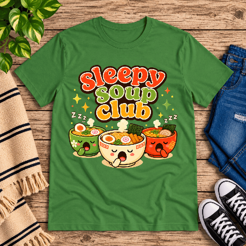 Sleepy Soup Club Premium T-Shirt in leaf green, flat lay