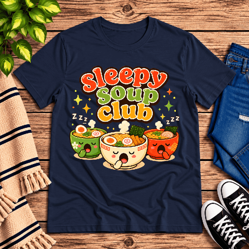 Sleepy Soup Club Premium T-Shirt in navy, flat lay