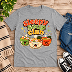 Sleepy Soup Club Premium T-Shirt in athletic heather gray, flat lay with three sleepy ramen bowl characters graphic