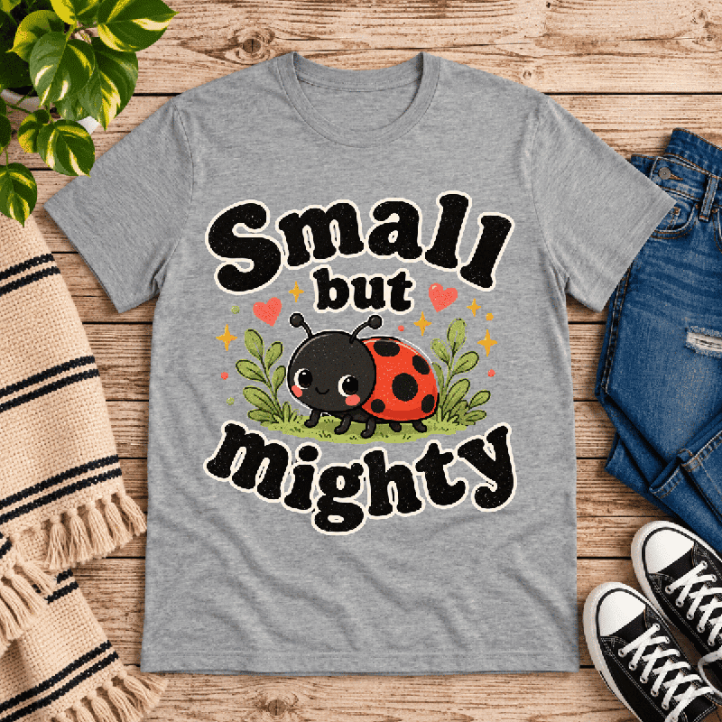 Small But Mighty Premium T-Shirt in athletic heather gray, flat lay