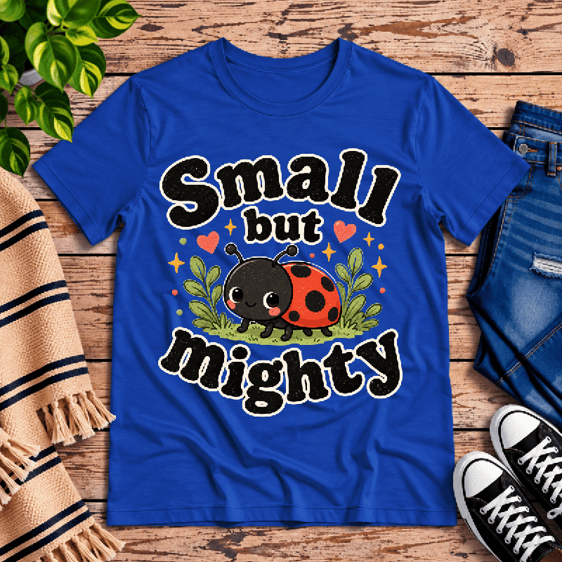 Small But Mighty Premium T-Shirt in true royal blue, flat lay with cartoon ladybug graphic