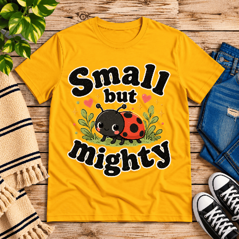 Small But Mighty Premium T-Shirt in gold, flat lay