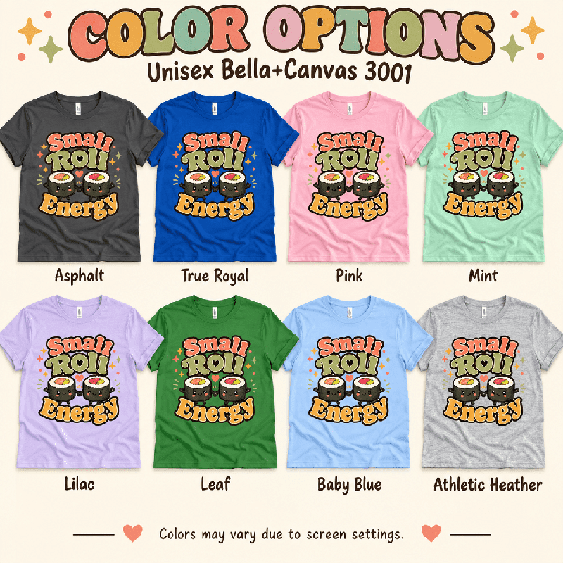 Small Roll Energy Premium T-Shirt color chart: Asphalt, True Royal, Pink, Mint, Lilac, Leaf, Baby Blue, Athletic Heather