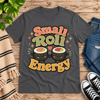 Small Roll Energy Premium T-Shirt in asphalt gray, flat lay with sushi roll couple characters graphic