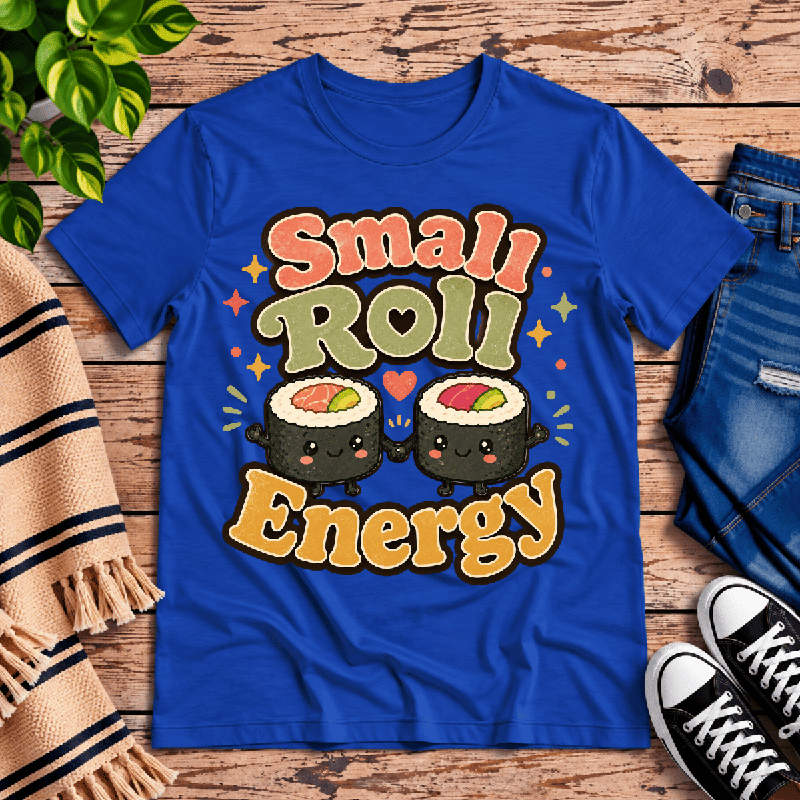 Small Roll Energy Premium T-Shirt in true royal blue, flat lay