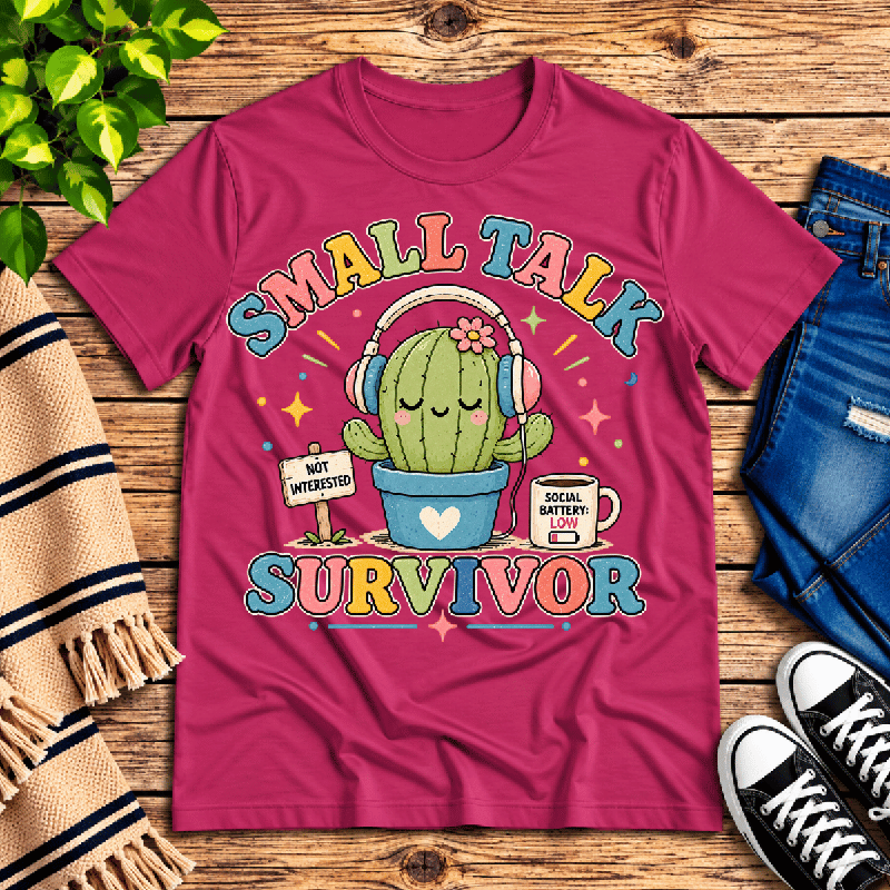 Small Talk Survivor Premium T-Shirt in berry, flat lay