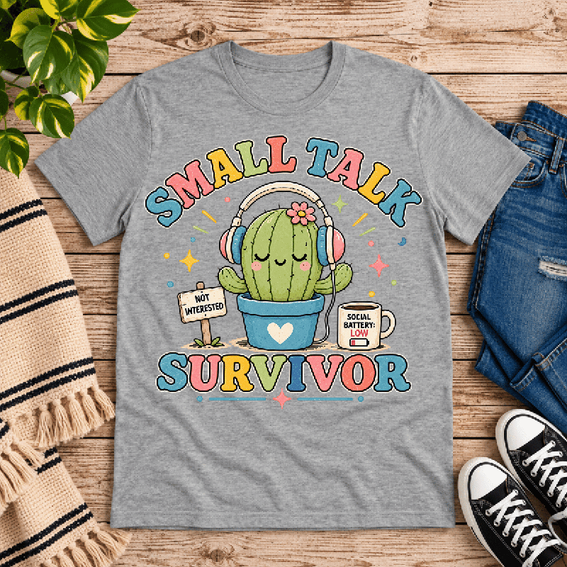 Small Talk Survivor Premium T-Shirt in athletic heather gray, flat lay