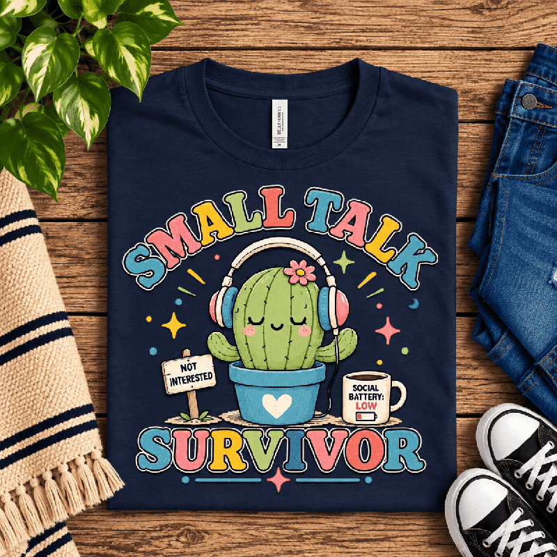 Small Talk Survivor Premium T-Shirt in navy, folded close-up with neck tag showing