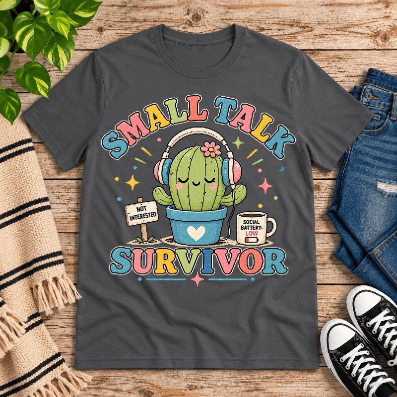 Small Talk Survivor Premium T-Shirt in asphalt gray, flat lay