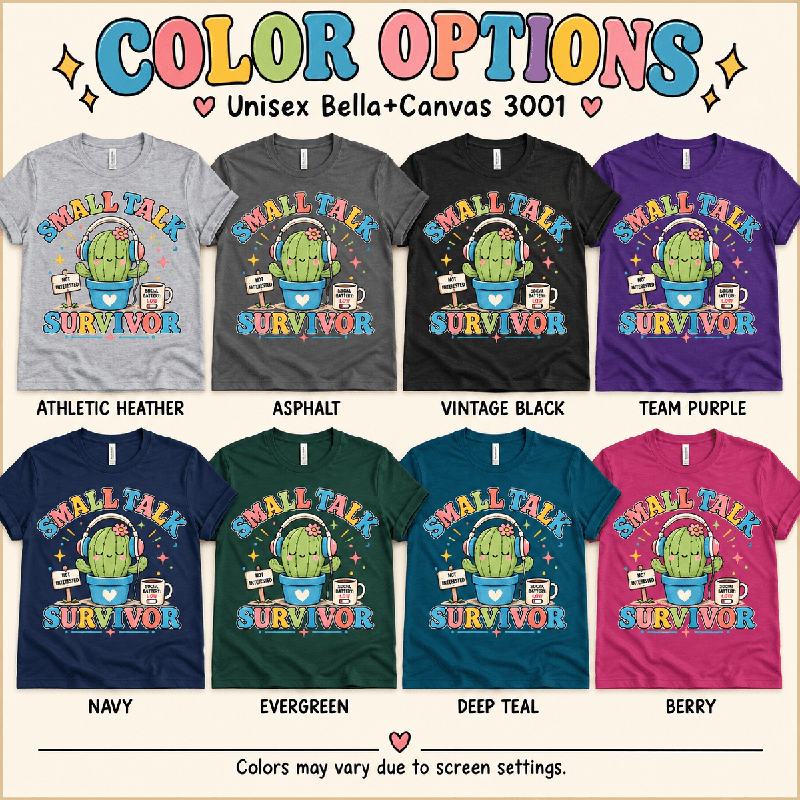 Small Talk Survivor Premium T-Shirt color chart: Athletic Heather, Asphalt, Vintage Black, Team Purple, Navy, Evergreen, Deep Teal, Berry