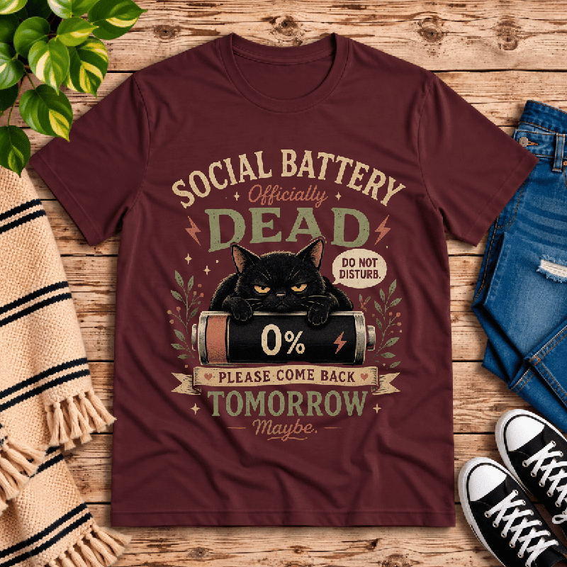 Social Battery Dead Premium T-Shirt in maroon, flat lay with grumpy cat on a dead battery graphic