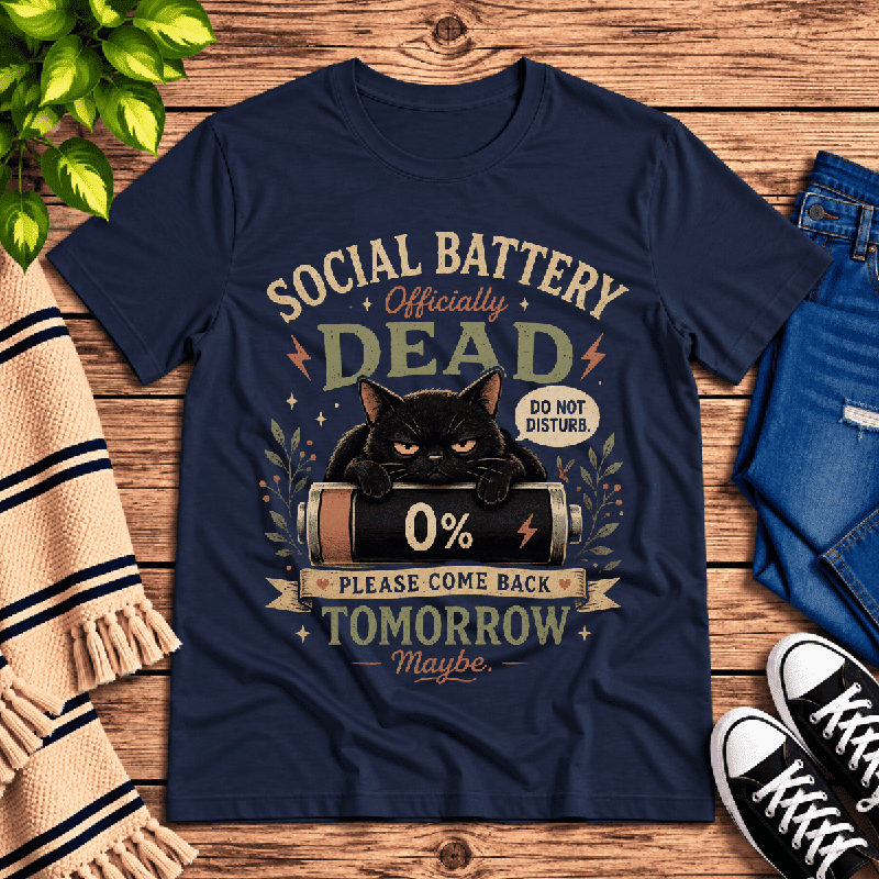 Social Battery Dead Premium T-Shirt in navy, flat lay