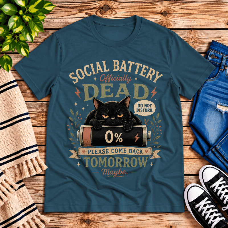 Social Battery Dead Premium T-Shirt in deep teal, flat lay