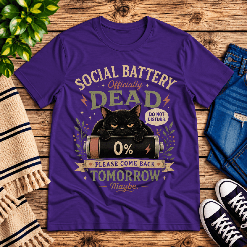 Social Battery Dead Premium T-Shirt in team purple, flat lay