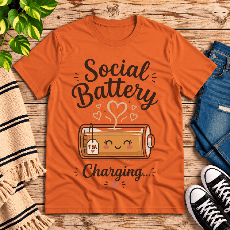 Social Battery Charging Premium T-Shirt in burnt orange, flat lay with kawaii tea-filled battery graphic