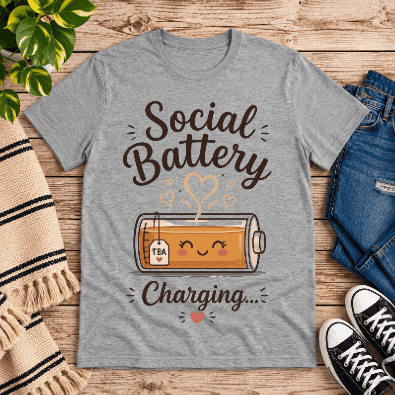 Social Battery Charging Premium T-Shirt in athletic heather gray, flat lay