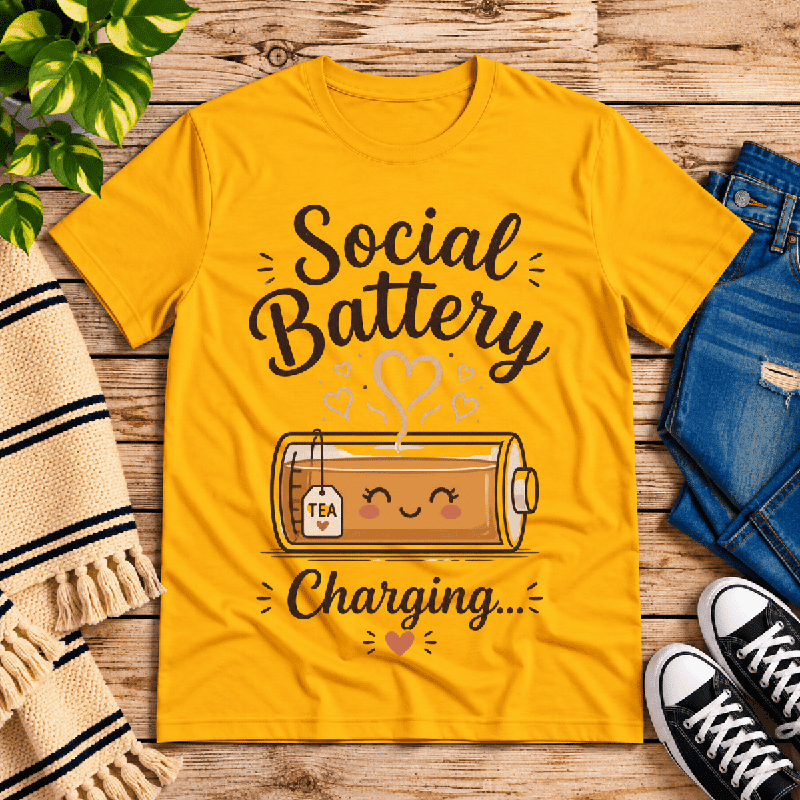 Social Battery Charging Premium T-Shirt in gold, flat lay