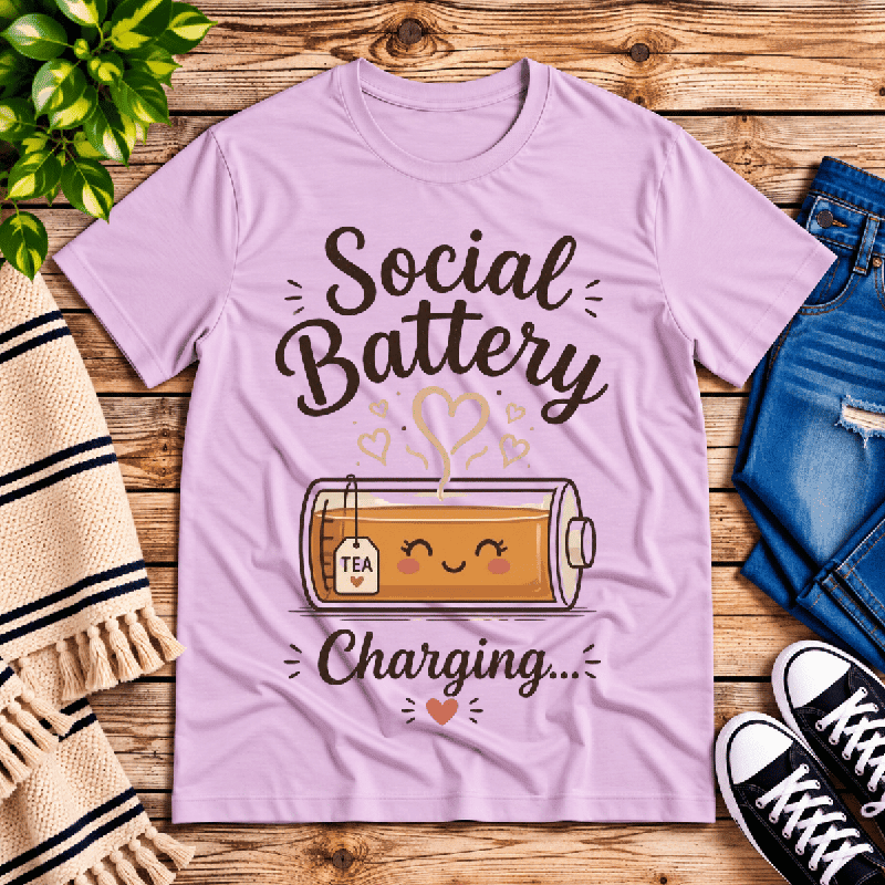 Social Battery Charging Premium T-Shirt in lilac, flat lay