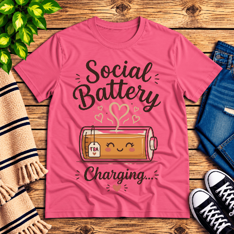 Social Battery Charging Premium T-Shirt in charity pink, flat lay