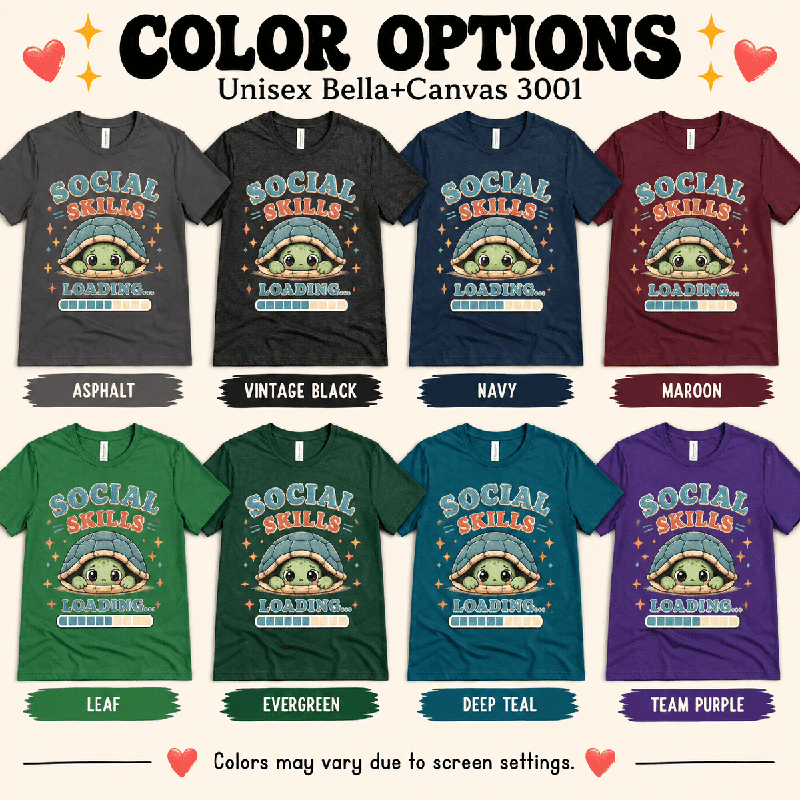 Social Skills Premium T-Shirt color chart: Asphalt, Vintage Black, Navy, Maroon, Leaf, Evergreen, Deep Teal, Team Purple