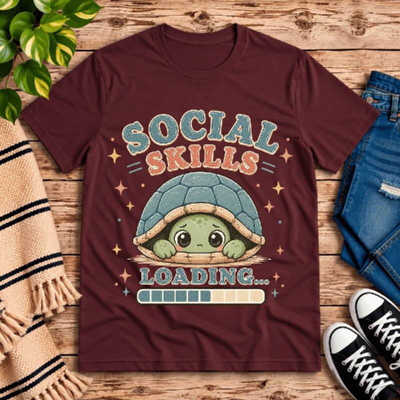 Social Skills Premium T-Shirt in maroon, flat lay with turtle peeking from shell graphic