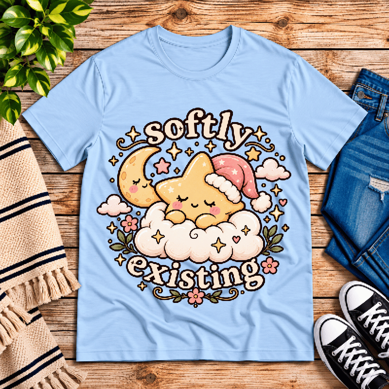 Softly Existing Premium T-Shirt in baby blue, flat lay