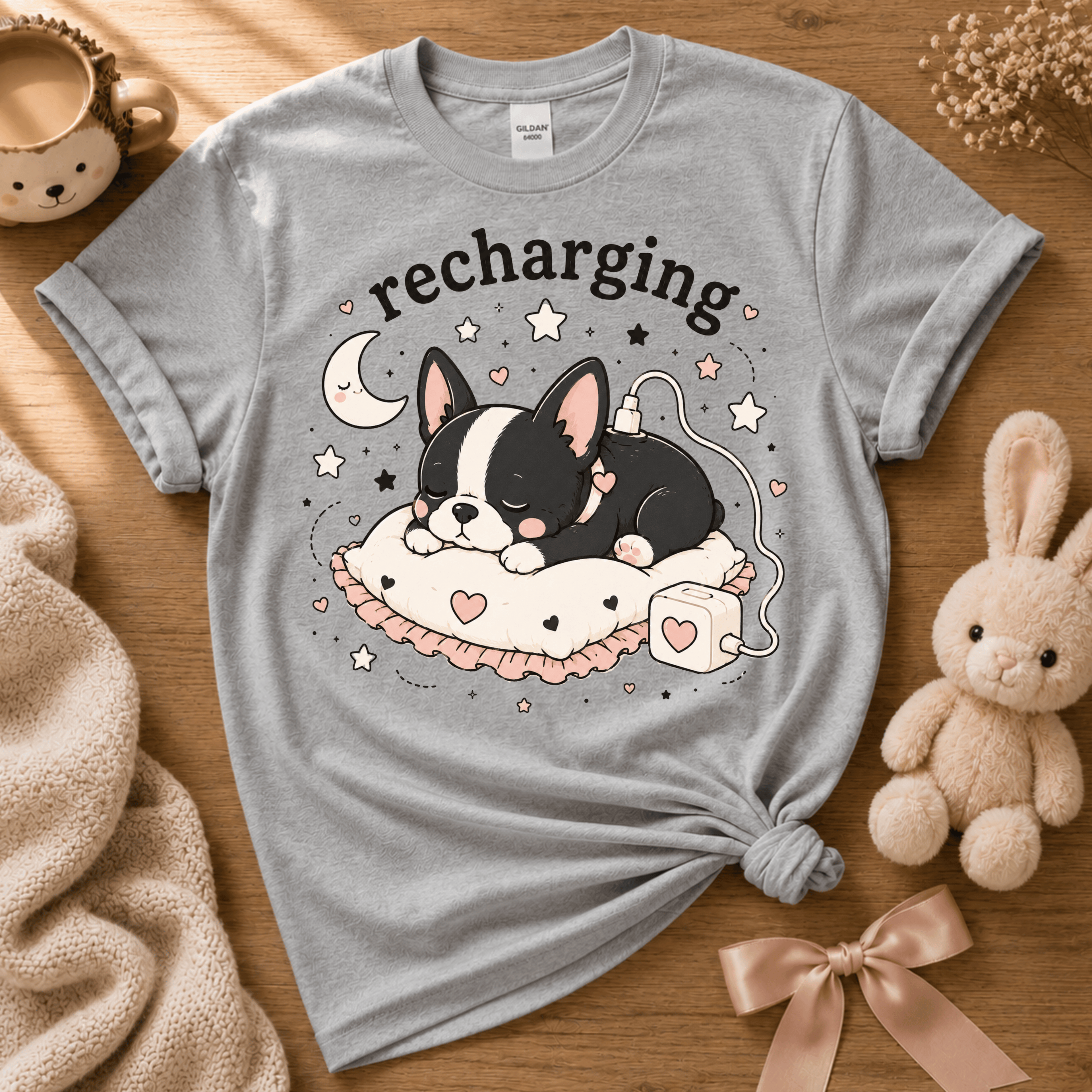 Sleeping Boston cute animal graphic t-shirt displayed in a cozy flat lay in sport grey.