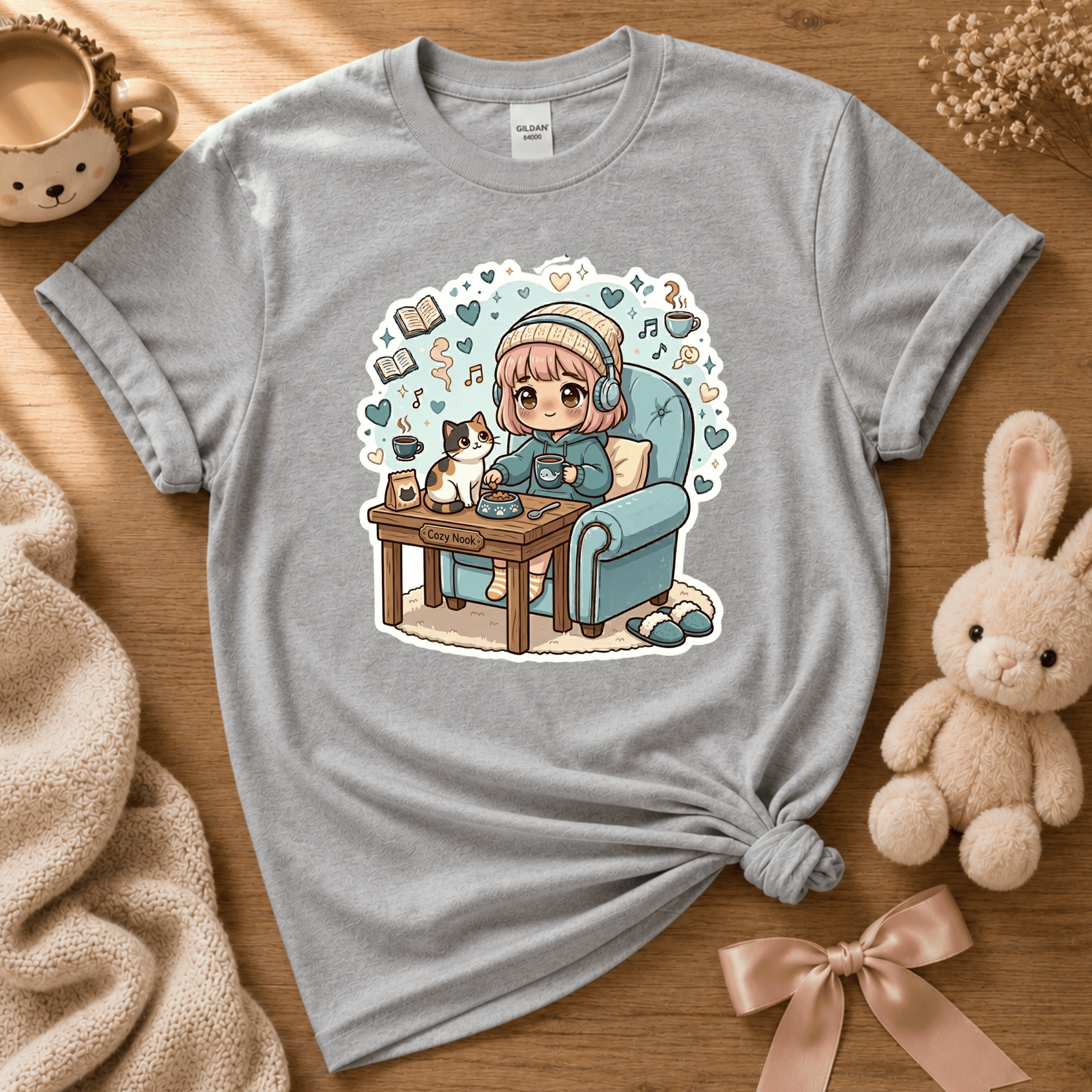 Cat Cozy Nook cute animal graphic t-shirt cozy flat lay in sport grey.