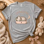 Recharging Cat cute animal graphic t-shirt cozy flat lay in sport grey.