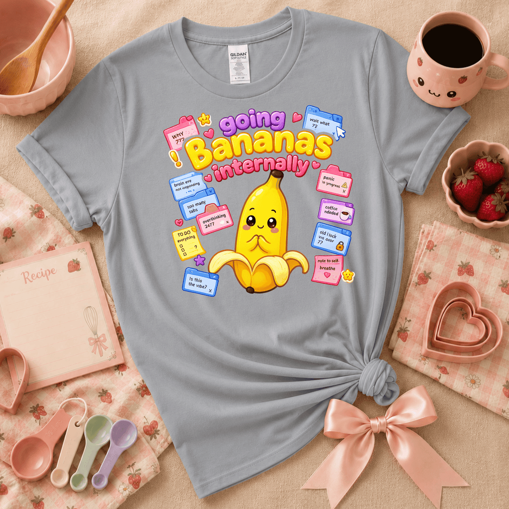 Going Bananas Kawaii graphic t-shirt cozy flat lay in sport grey.