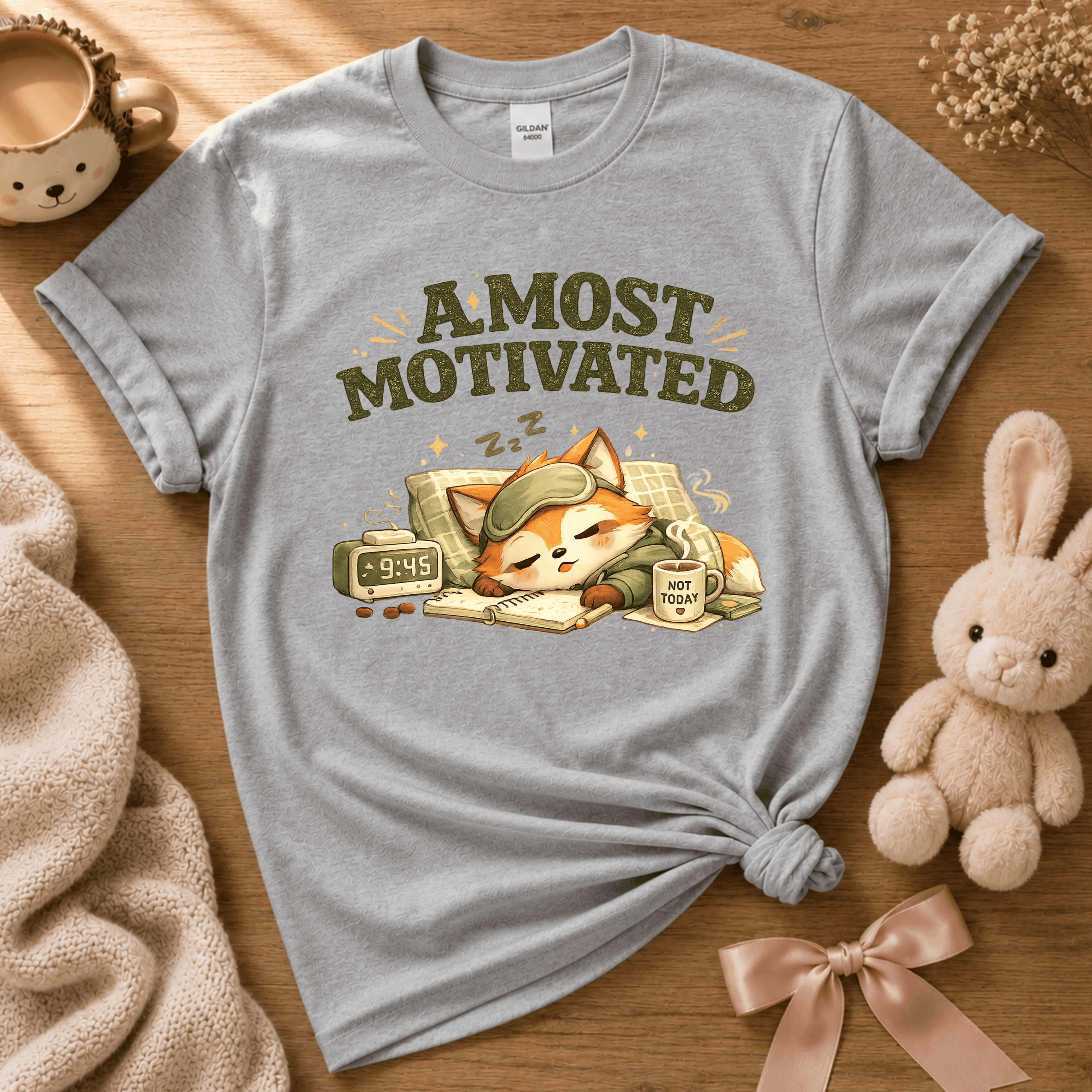 Almost Motivated cute animal graphic t-shirt cozy flat lay in sport grey.